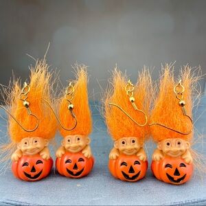 VINTAGE 90s Halloween Pumpkin Troll Doll Drop Earrings Russ Toys Trolls Movie